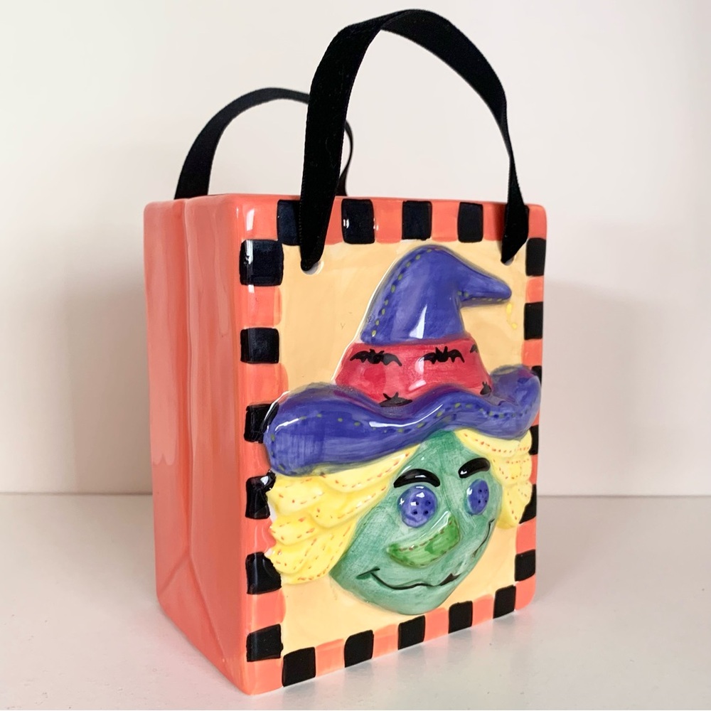 Vintage Ceramic witch shopping bag decor